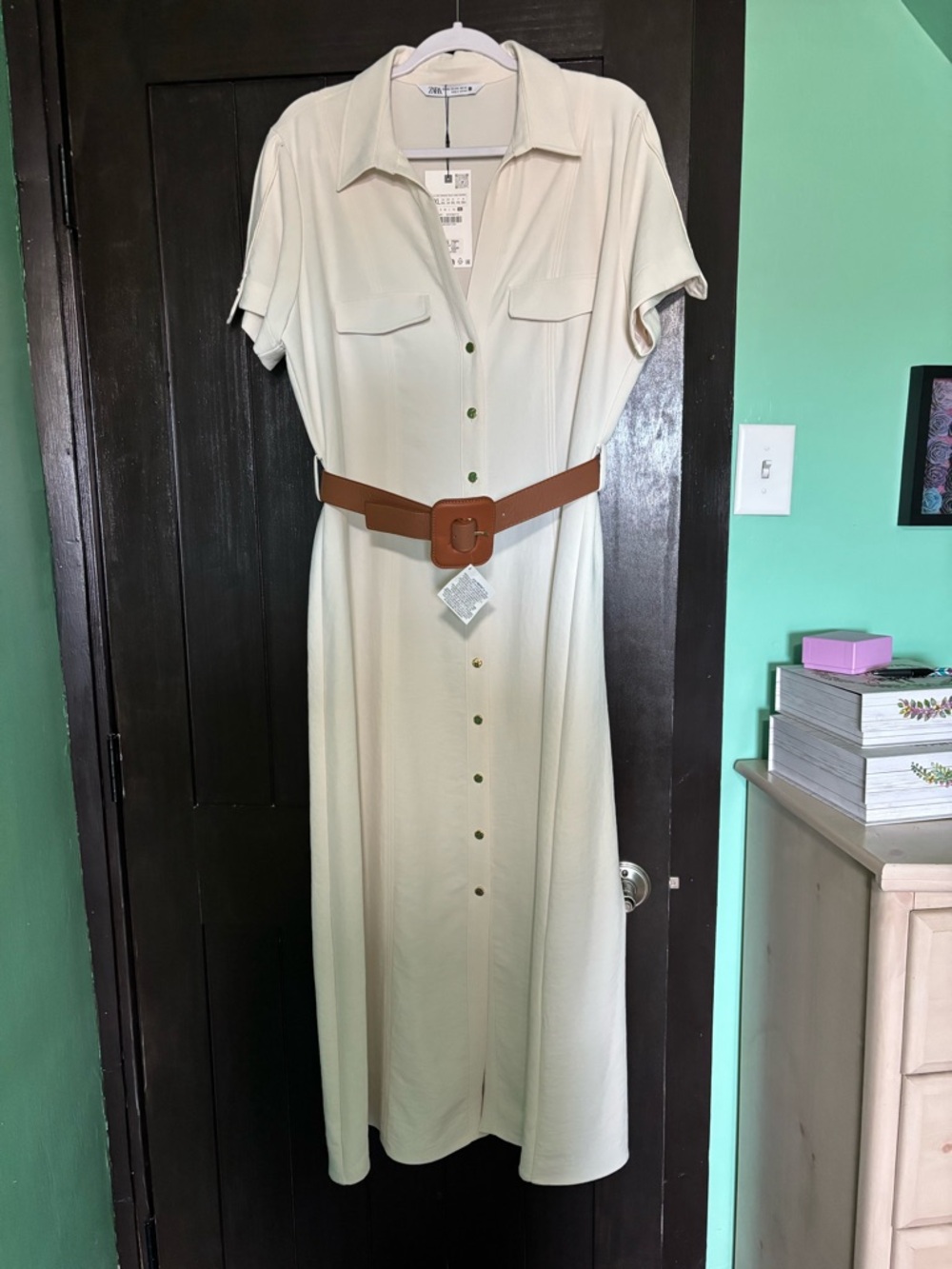 Zara Cream Button-Front Maxi Dress with Brown Belt